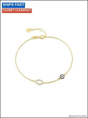14K Gold Plated Evil Eye Hamsa Hand Bracelet Moissanite Adjustable Chain